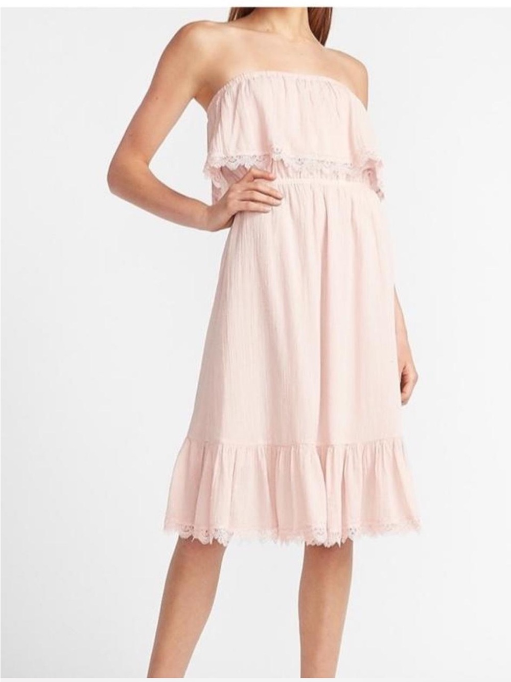 Express Blush Pink Strapless Lace Trim Ruffle Midi Dress Cottagecore Smocked XL